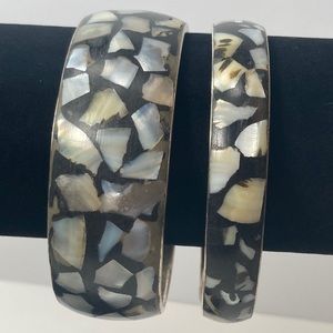 Mother of Pearl Paved Shell Metal Bangle Bracelet Set of 2 Thick & Thin